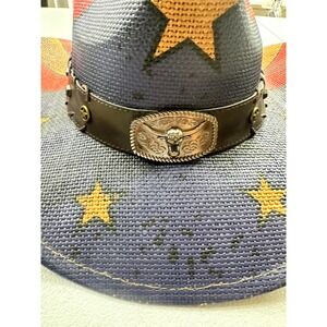 L.L.K Straw Cowboy Hat Unisex OS Blue Red Patriotic Excellent Longhorn Buckle